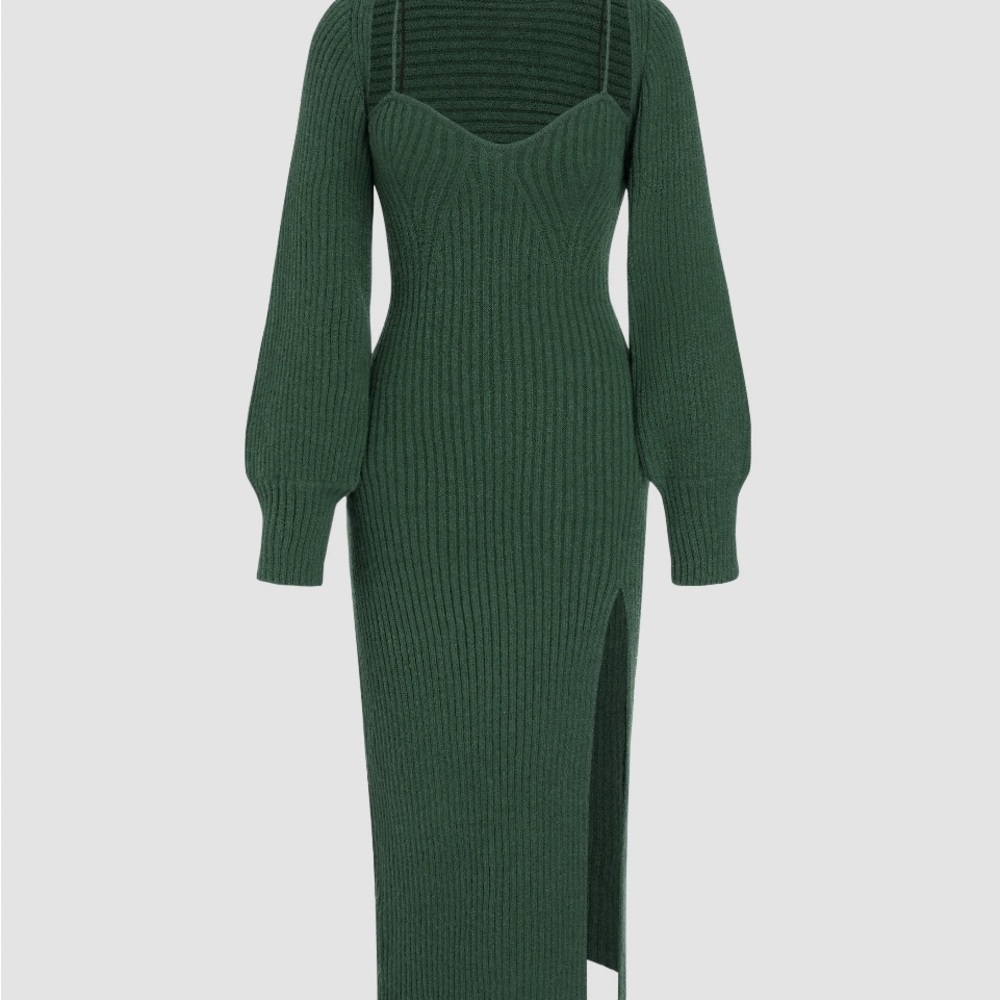 KNIT SOLID CAMI SPLIT MIDI DRESS & SHRUG green